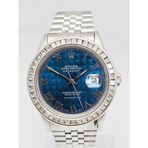Rolex Datejust Steel 2.25ct Custom Diamond Blue Dial Mens 1984 Watch 16014